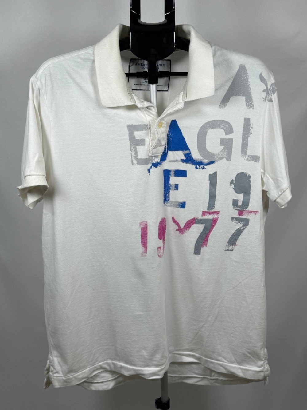 Vintage Y2K American Eagle Eagle Polo XL White Graphic 1977 Distressed